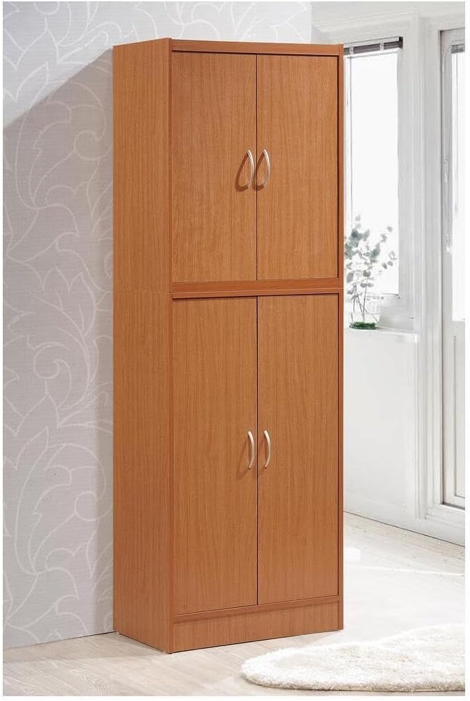 HomeStock 4 Door Kitchen Pantry - Large Storage Cabinet - Cherry Finish