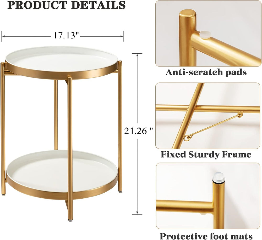 TeoKJ 2 Tier Gold Side Table, Folding Round Metal End Table Small Nightstand ...