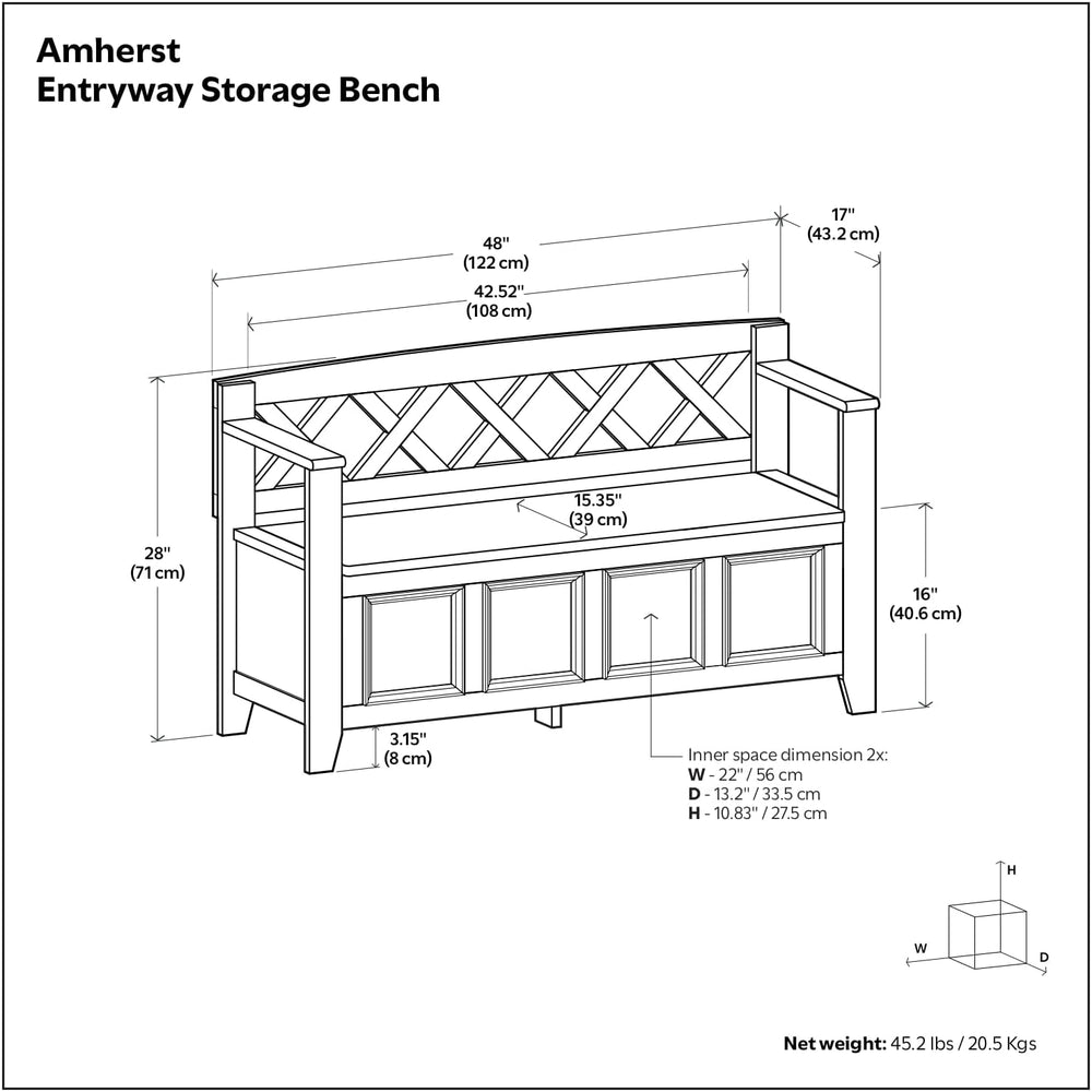 SIMPLIHOME Amherst Entryway Storage Bench - 48 inch Wide Solid Wood Hallway S...