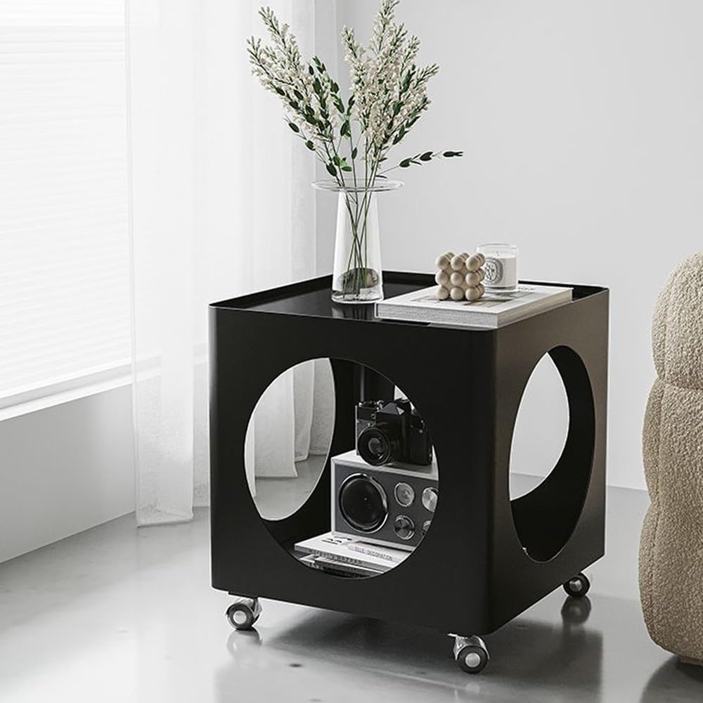 Rolling Side Table with Storage, Metal Frame Square Coffee Table, Mobile Nigh...