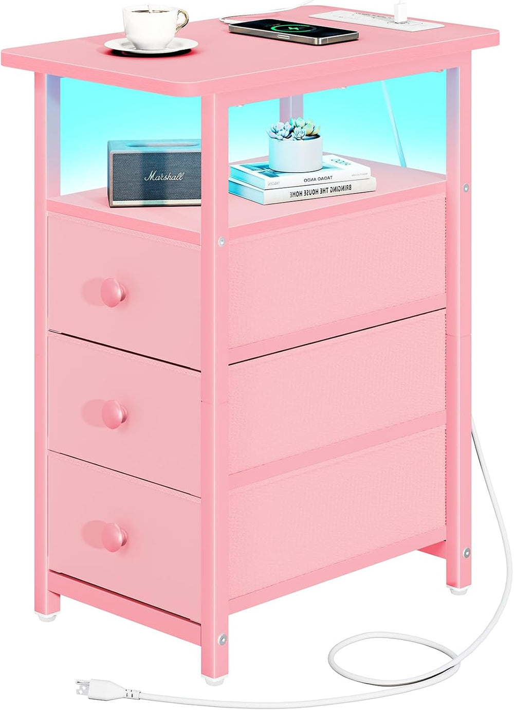 Yoobure End Table with Charging Station, Pink Narrow Nightstand LED Bedside T...