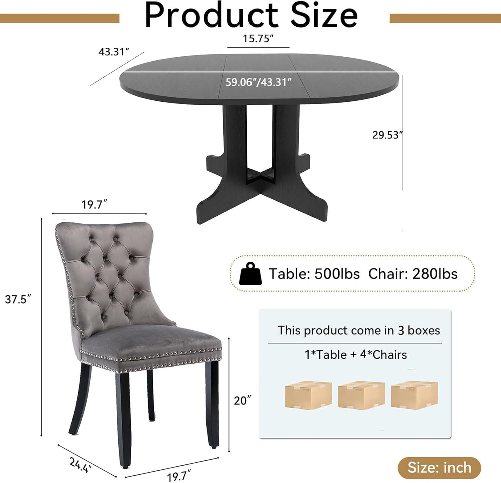 Henf 5 Piece Round Extendable Dining Table Set for 4, 43"-59" Wood ...