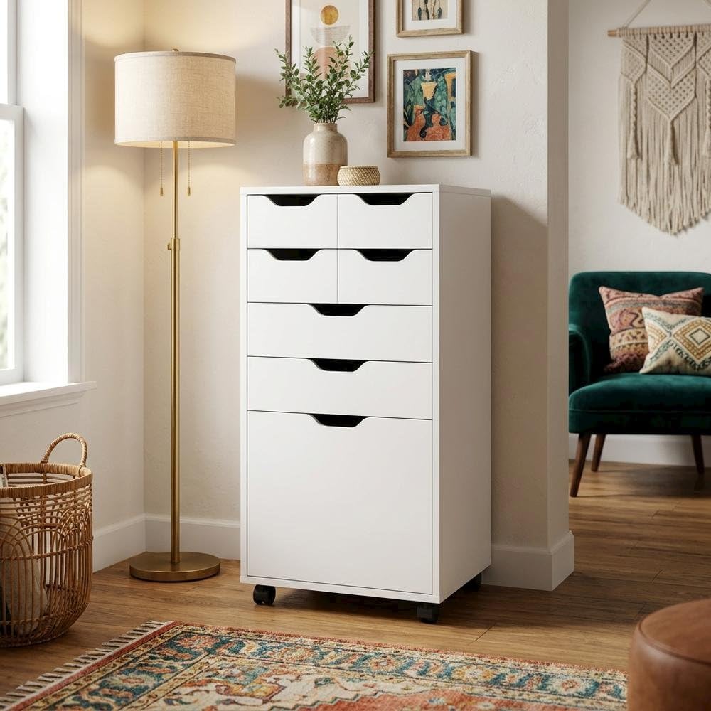 Furnifact White Tall Mobile Storage Cabinet, Multi-Storage Rolling Pantry, Co...