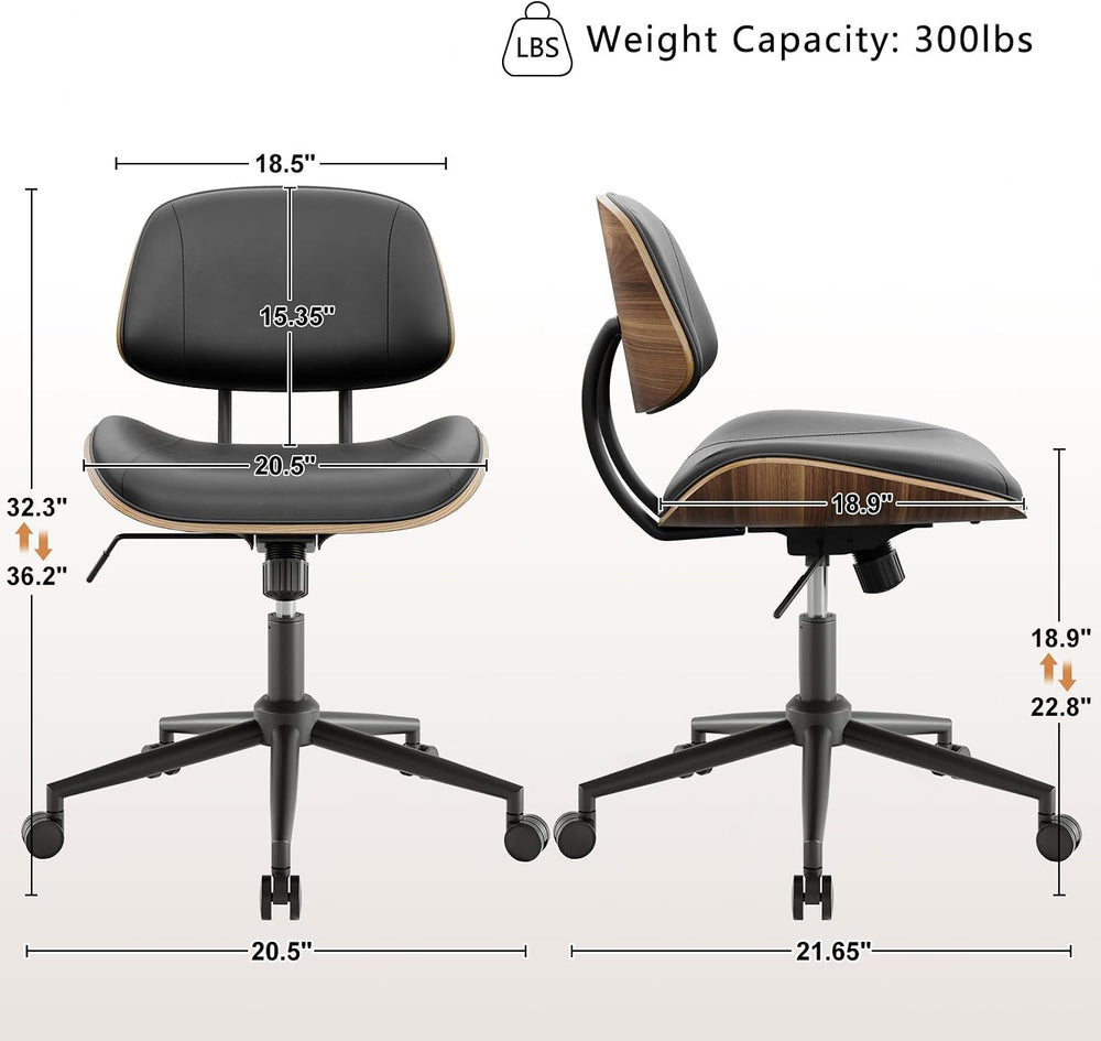 Armless Office Chair with Wheels, PU Leather Desk Chair, Black | Adjustable H...