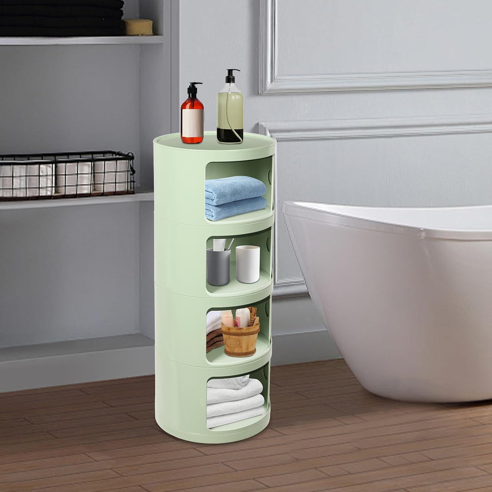 Round Nightstand, 4 Tier Circular Side Table with Sliding Doors, Modern Cylin...