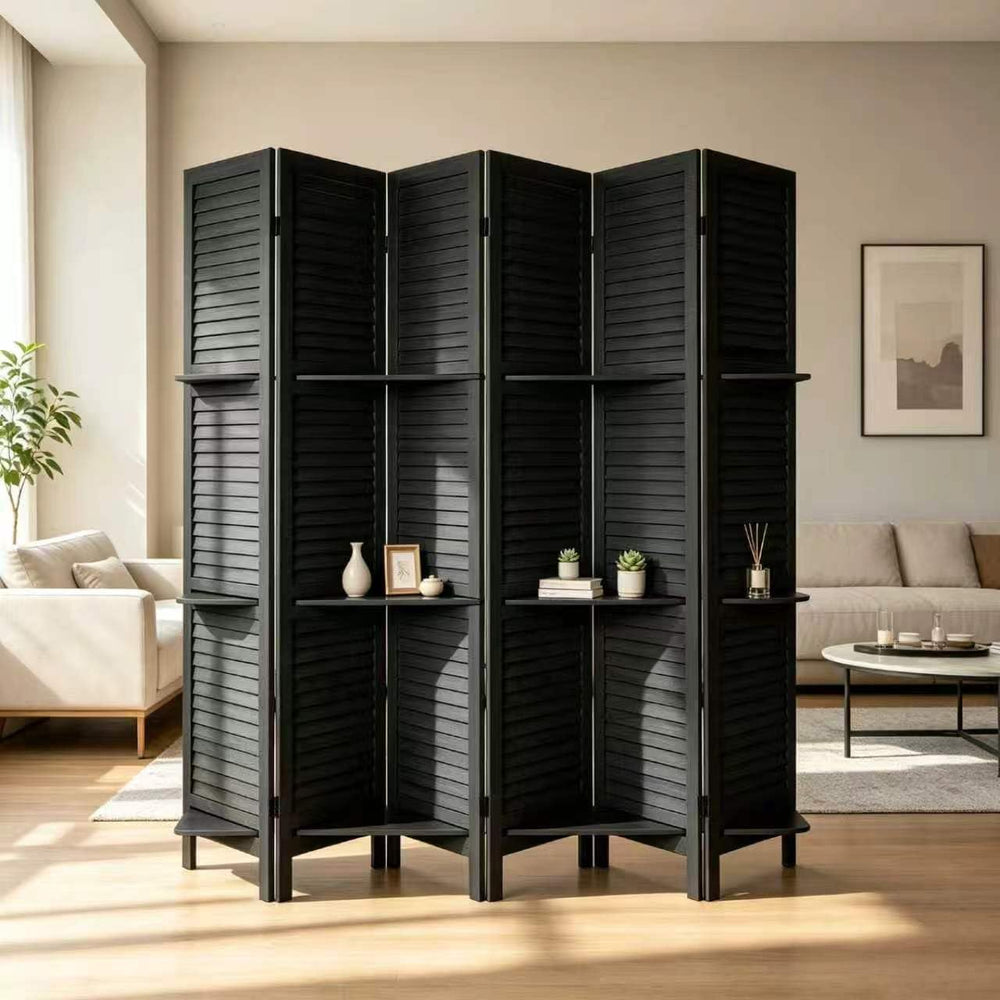 6 Panel Room Divider with Shelves,67" H Tall Folding Privacy Screen,Black