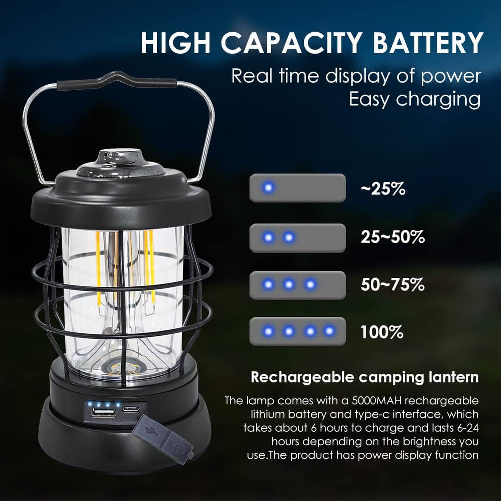 Retro Camping Lantern Rechargeable 1500LM 2 Modes Dimmable,Portable Electric ...