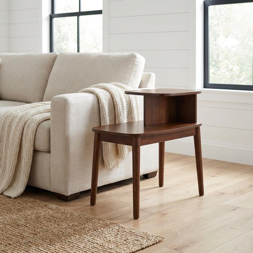 Furnifact Brown Chairside End Table, 2 Tier Shelves, Mid-Century Style Solid ...