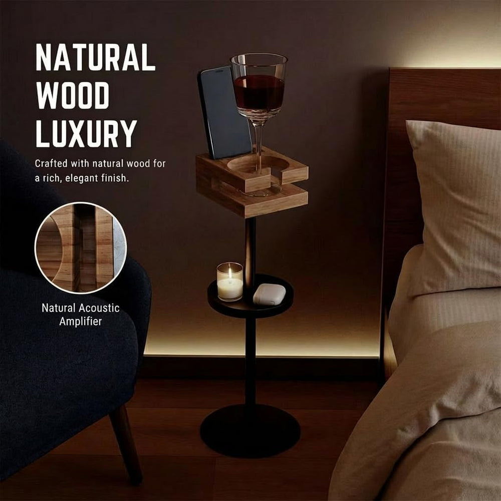 Drink Table for Small Spaces - Slim Pedestal Side Table with Real Wood Top &a...