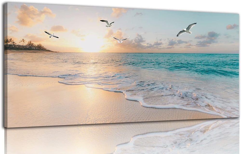 Beach Wall Art Decor for Living Room Ocean Canvas Picture for Wall Gold Sunse...