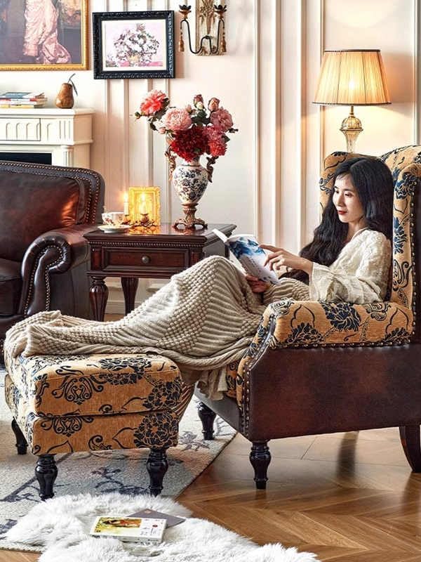 French Vintage High-Back Floral Tiger Armchair with Ottoman – American Retro ...