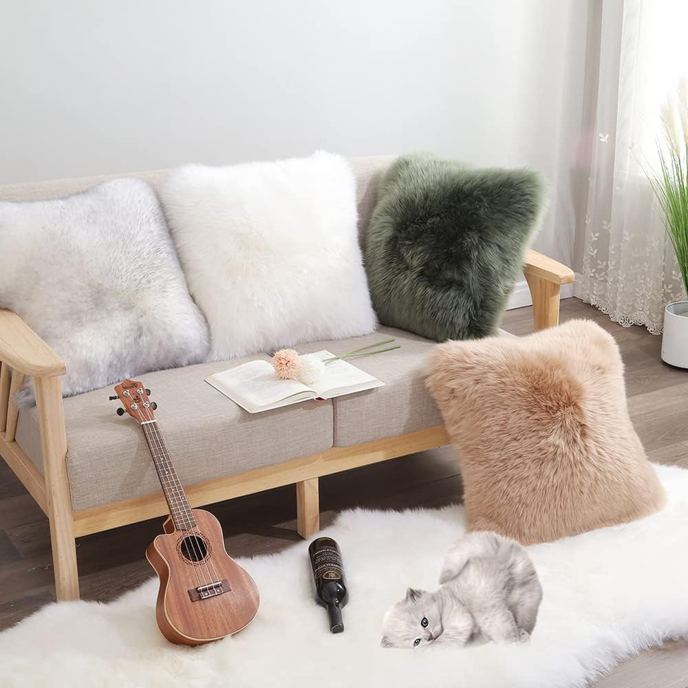 LLB Genuine Sheepskin Throw Pillow Covers Fluffy Decorative Square Couch Pill...