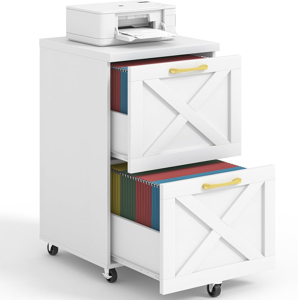 Halitaa Farmhouse 2 Drawer Small File Cabinet with Wheels, White | Vertical F...