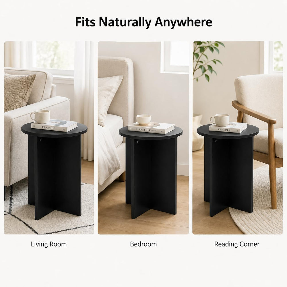 Black Round Side Table, Solid Rubber Wood Small End Table, 15.7" D | 19....