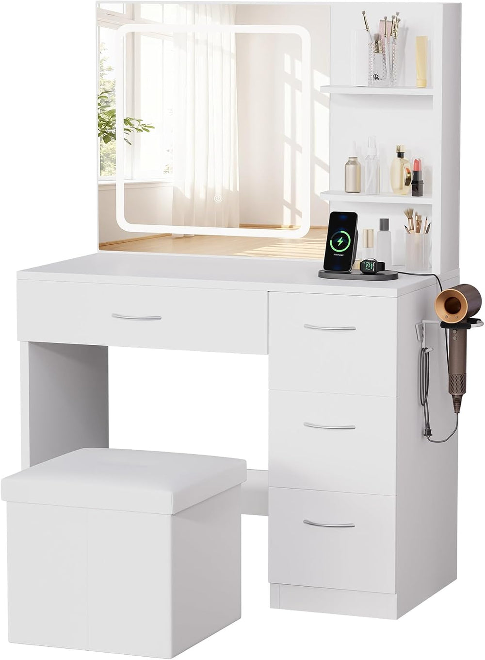 LIVELYGLOW White Makeup Vanity Desk with Charging Station & 4 Drawers