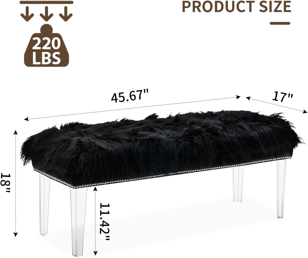 Modern Black Faux Fur Ottoman Bench - Upholstered Furry Bench with Acrylic Le...