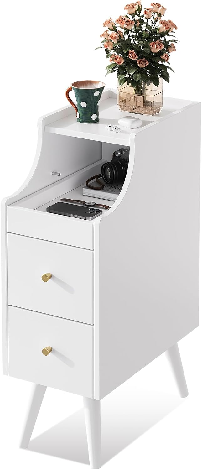 WLIVE Small Nightstand with Drawers, Narrow Bedside Tables with Open Shelf &a...