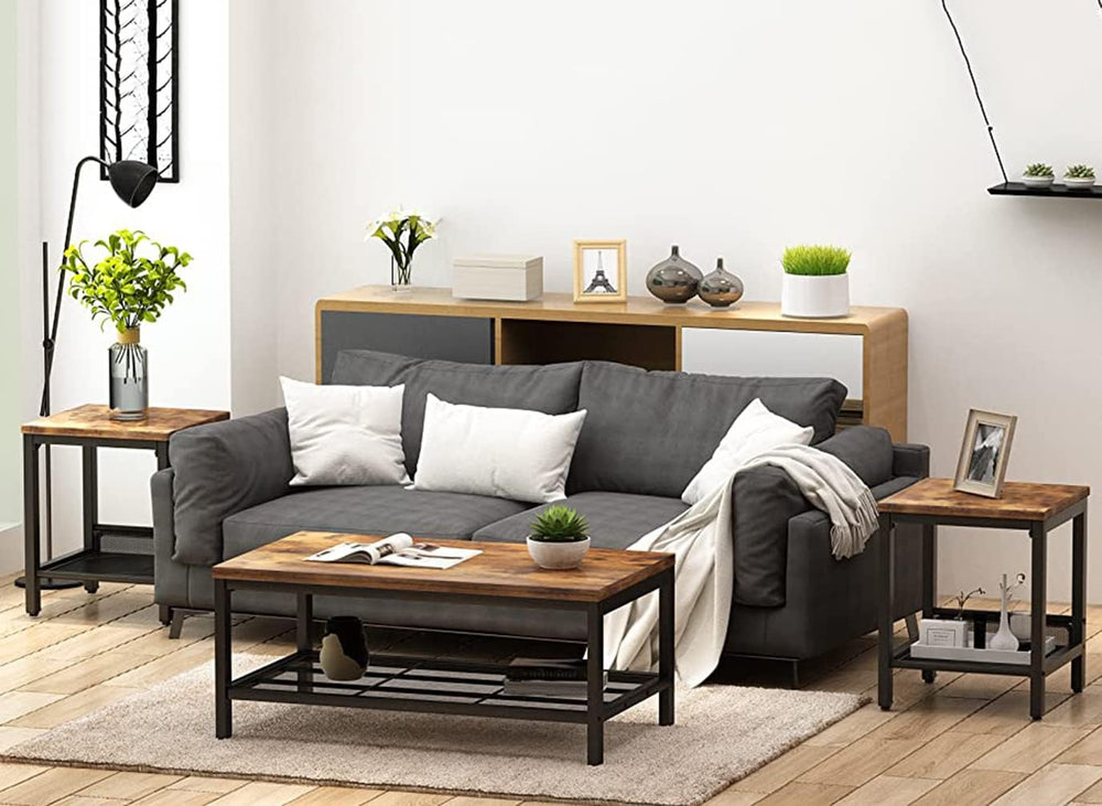 Lamerge 3 Pieces Living Room Table Set, Industrial Coffee Table with 2 Square...