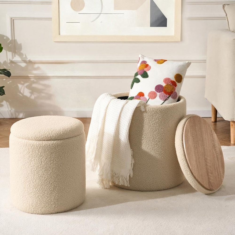YYW HOME Round Storage Ottoman for Living Room, Beige Ottoman Set of 2