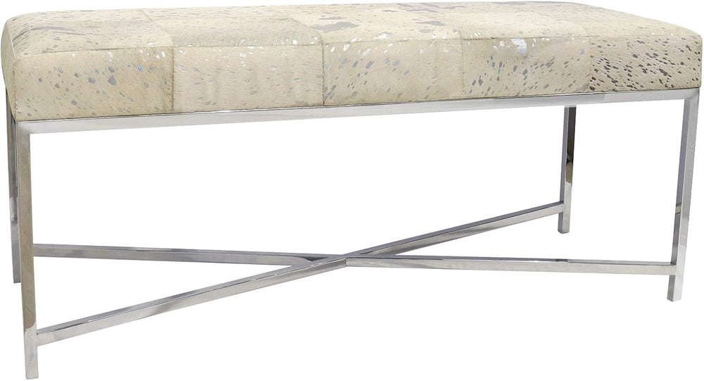 Pasargad Home Safari Collection Silver Foil Cowhide Upholstered Bench with X ...