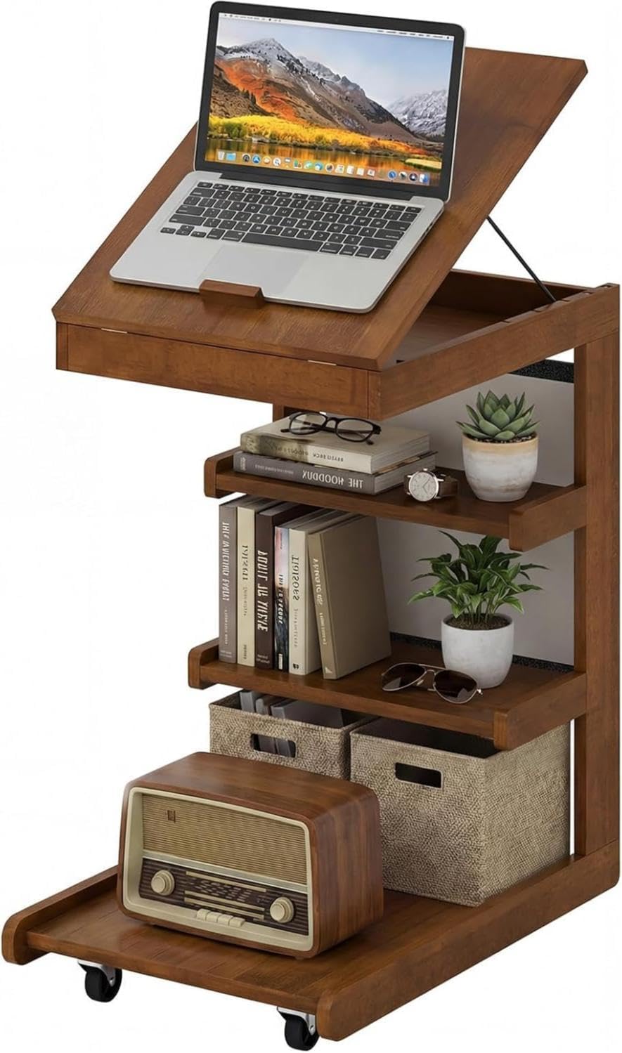 Byroce C Shaped End Table, Rolling Side Table with Adjustable Desktop, 4 Lock...