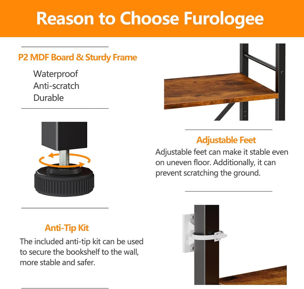 Furologee 6 Tier Tall Bookshelf, Industrial Narrow Bookcase, Display Standing...
