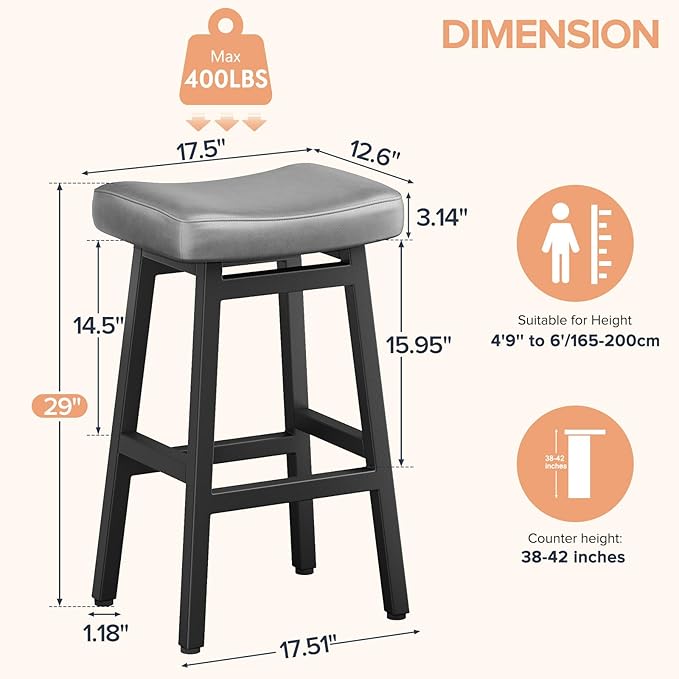 29 Inches Bar Stools Set of 2, Bar Height Barstools for Home Counter, Blackle...