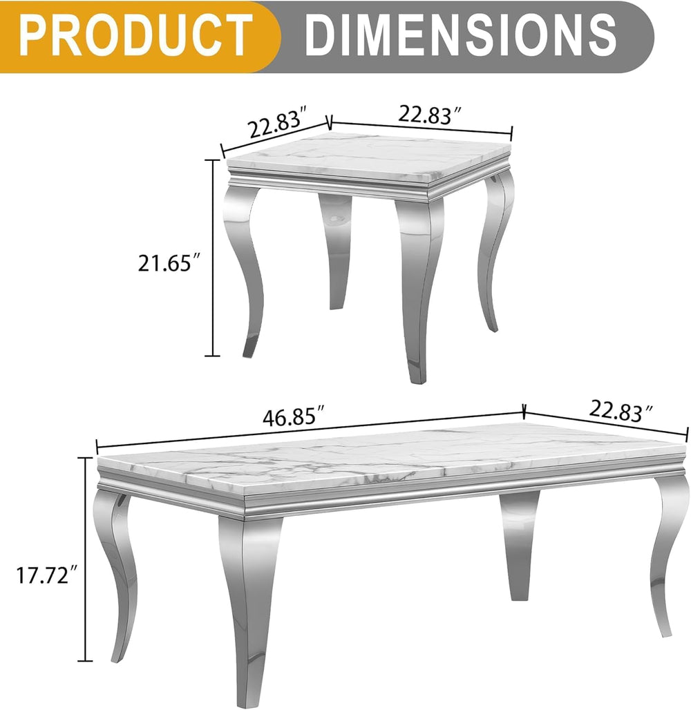 Luxury Modern Faux Marble Coffee Table Set of 3 – White MDF Marble Top with S...