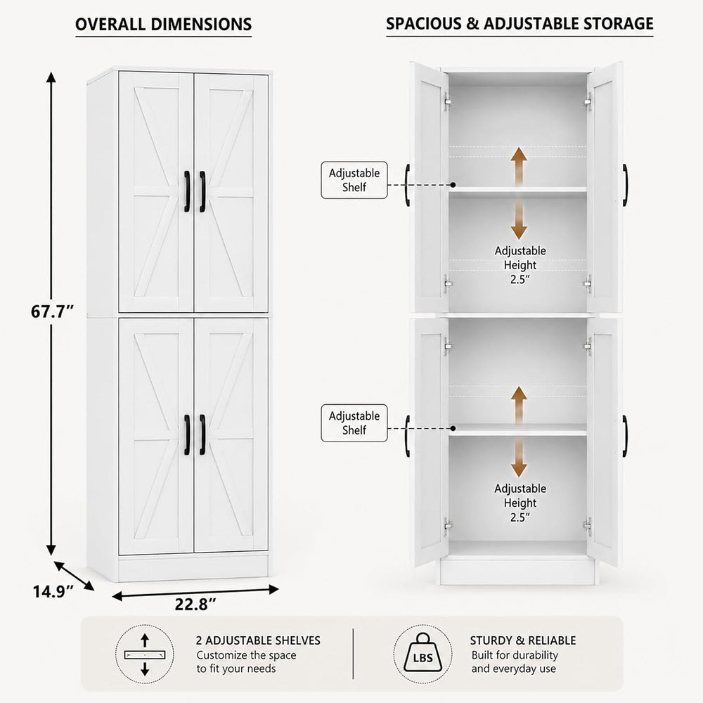 Kitchen Pantry Storage Cabinet, 68" Tall White Food Pantry Cabinet with ...