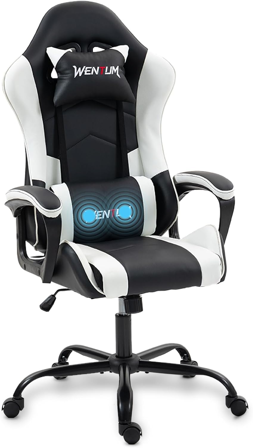 Gaming Chair PU Leather Massage PC Video Game Chair with Lumbar Support for M...