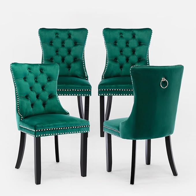 Velvet Upholstered Dining Chairs Set of 4, Modern Style Kitchen Side Chairs w...