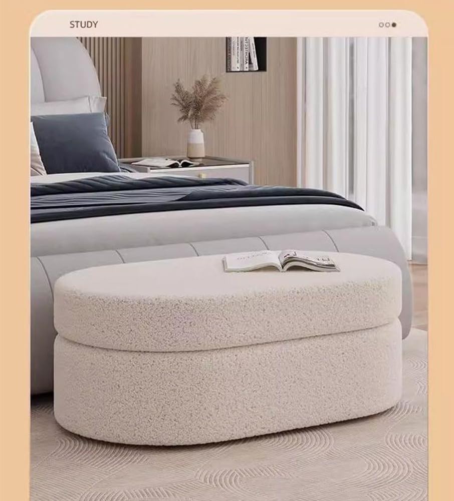 Oval Ottoman with Storage,Fleece Fabric Bed End Stool,Upholstered Padded Seat...