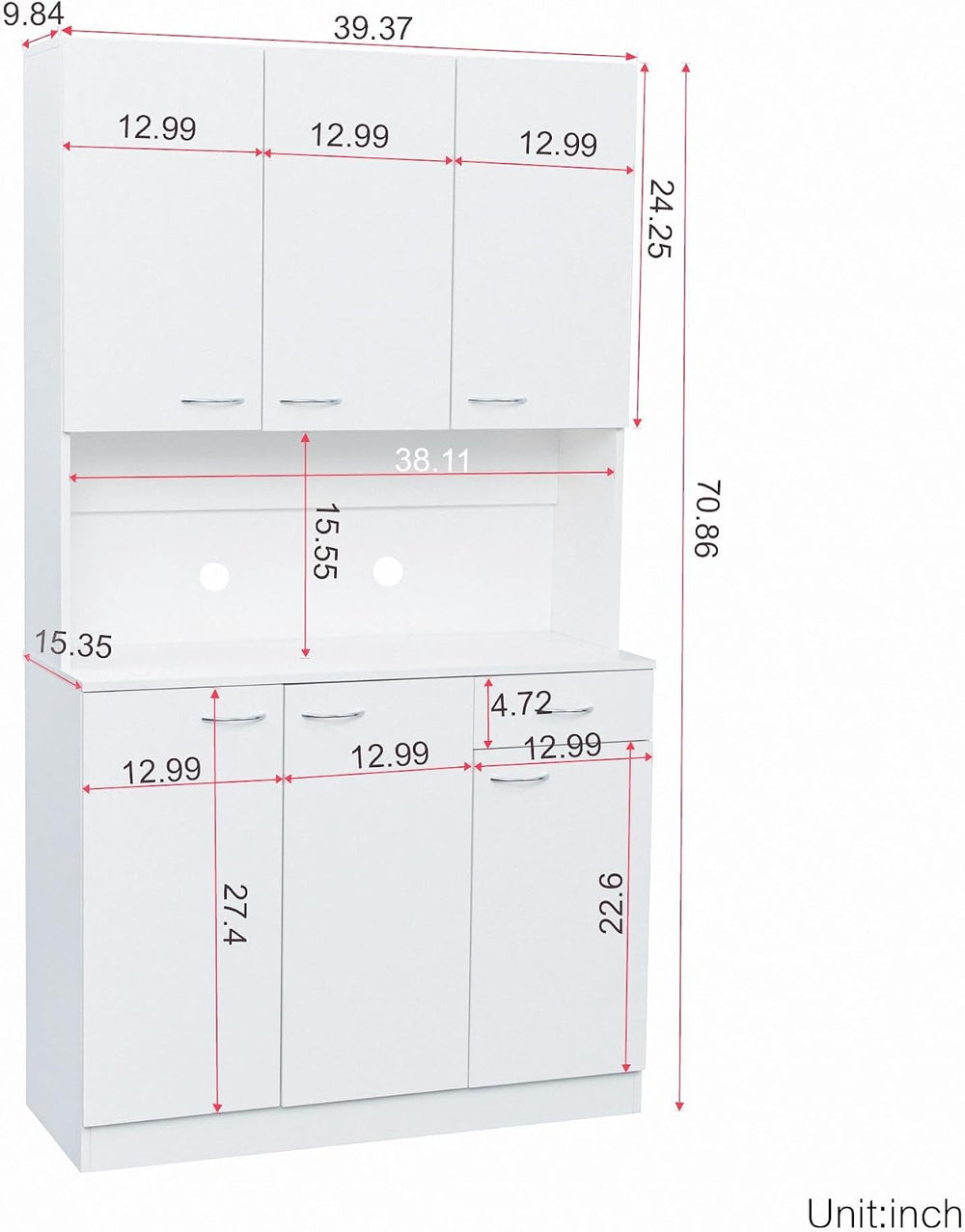70.87" Tall Kitchen Pantry Storage Cabinet, Freestanding Wood Hutch with...