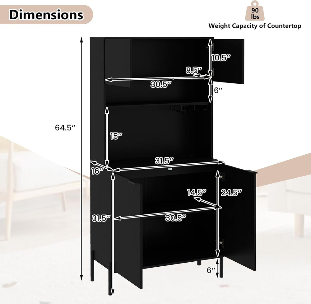 LOKO 64.5” Tall Kitchen Pantry Cabinet, Buffet Sideboard with Charging Statio...