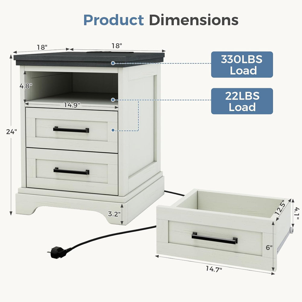 DUMOS Farmhouse Nightstand with Charging Station & USB Ports