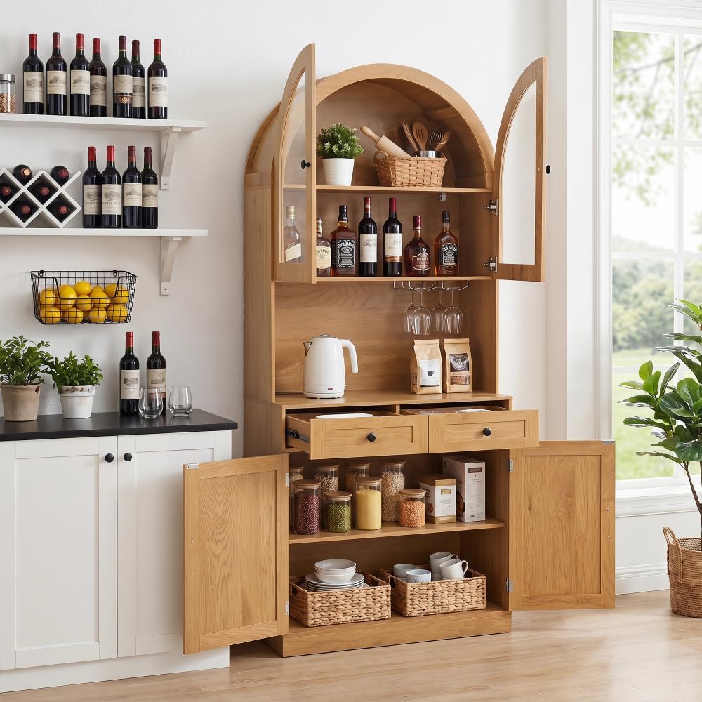 75" Farmhouse Tall Arched Pantry Cabinet with Charging Station, Adjustab...