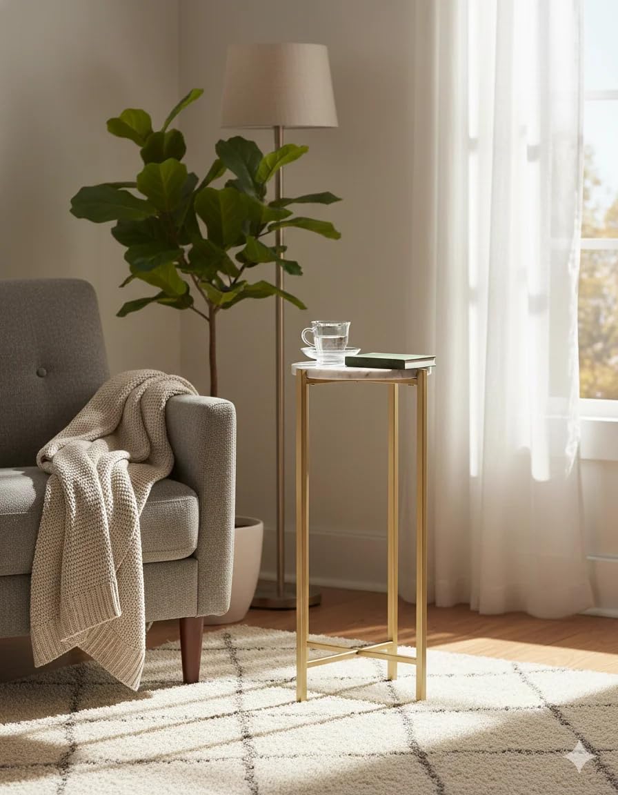 Collapsible Drink Table, Gold Metal Frame with White Marble Top