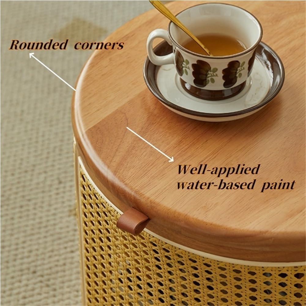 Simple Wood Side Table Handmade Round Storage Small Imitation Woven Rattan So...