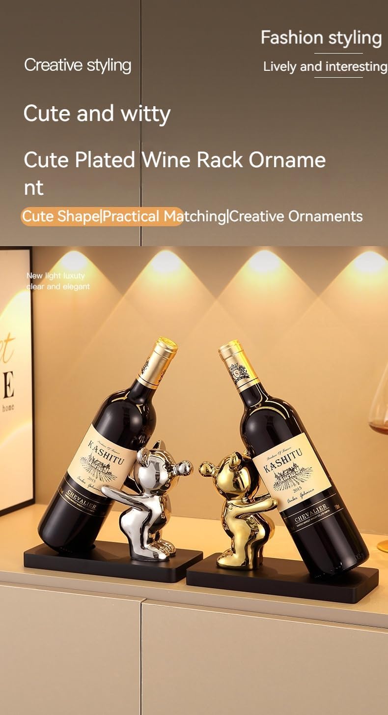 Decorative Wine Bottle Holder Stand, Gold and Silver Bear Figurines, 8.5 x 4 ...