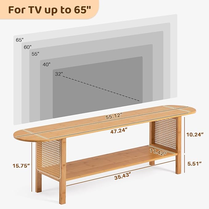 HollyHOME Bamboo TV Stand with Storage for TVs up to 65", Modern Enterta...