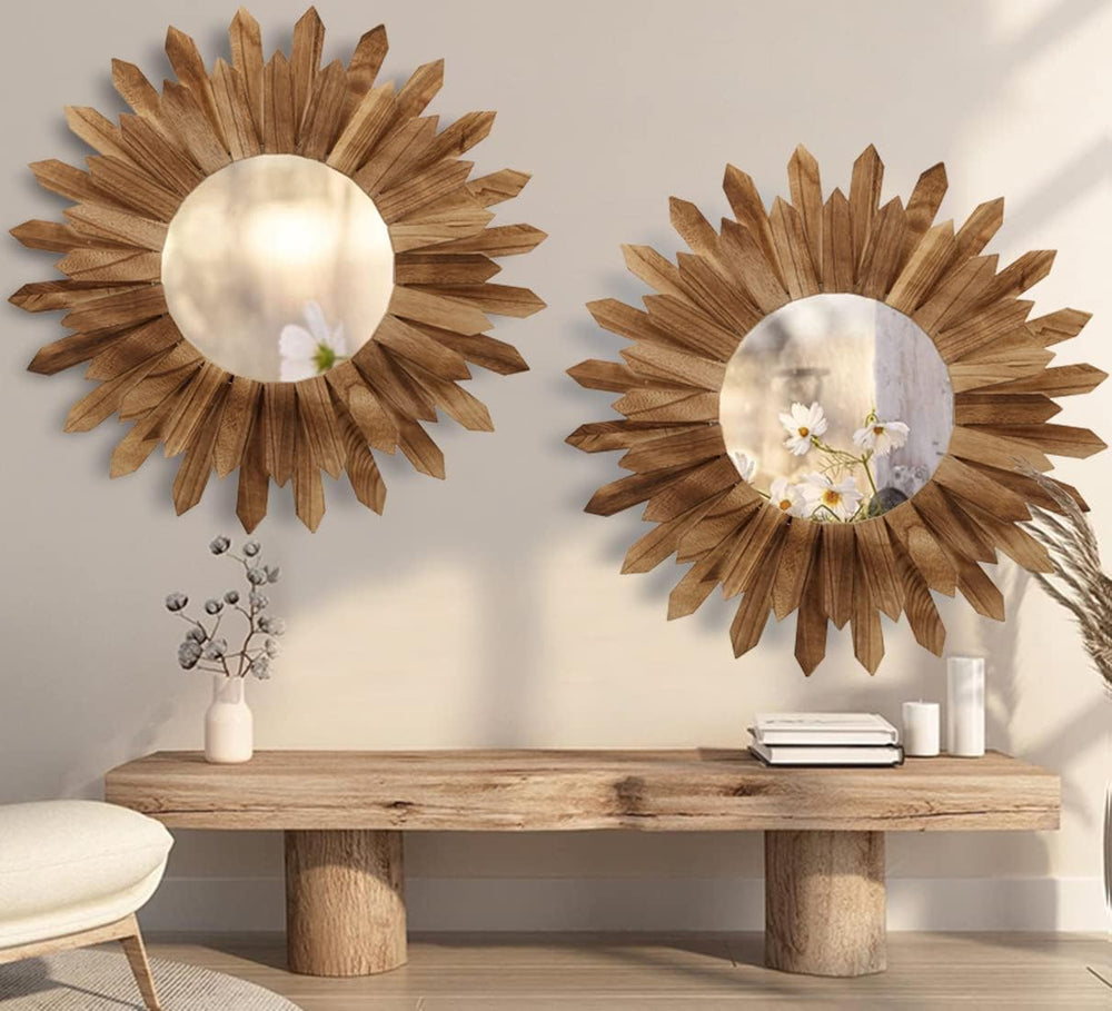 LOSOUR 2 Pack 22 Inch Boho Wall Sunburst Mirror Rustic Round Wood Decorative ...