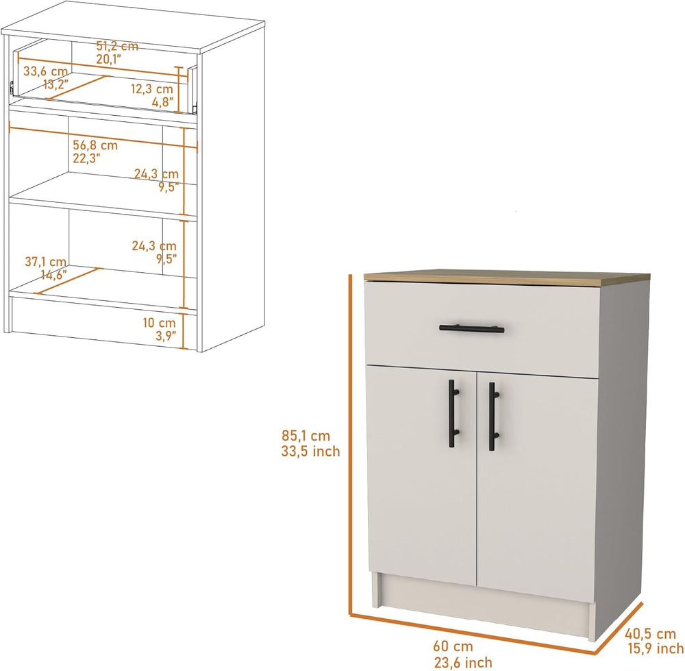 Cope Kitchen Pantry in Melamine with 2 Doors and 1 Drawer, Ivory/Natural Oak,...