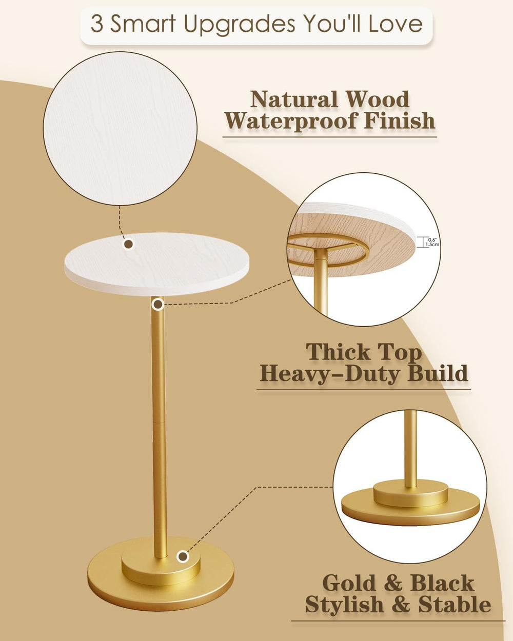 Masupu Drink Table, Round Side Table for Small Spaces, Pedestal Side Table, S...