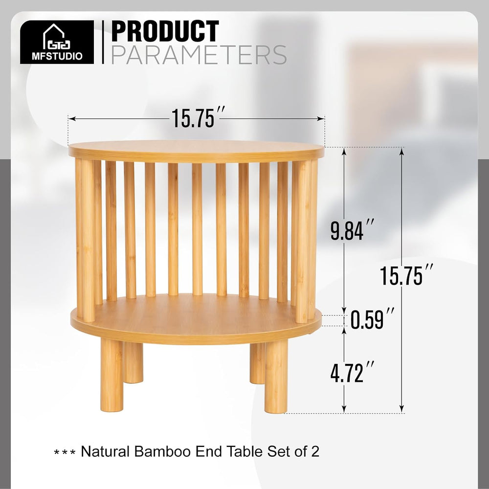 MFSTUDIO Bamboo Nightstand End Table Set of 2, Round 15.7" Bedside Table...