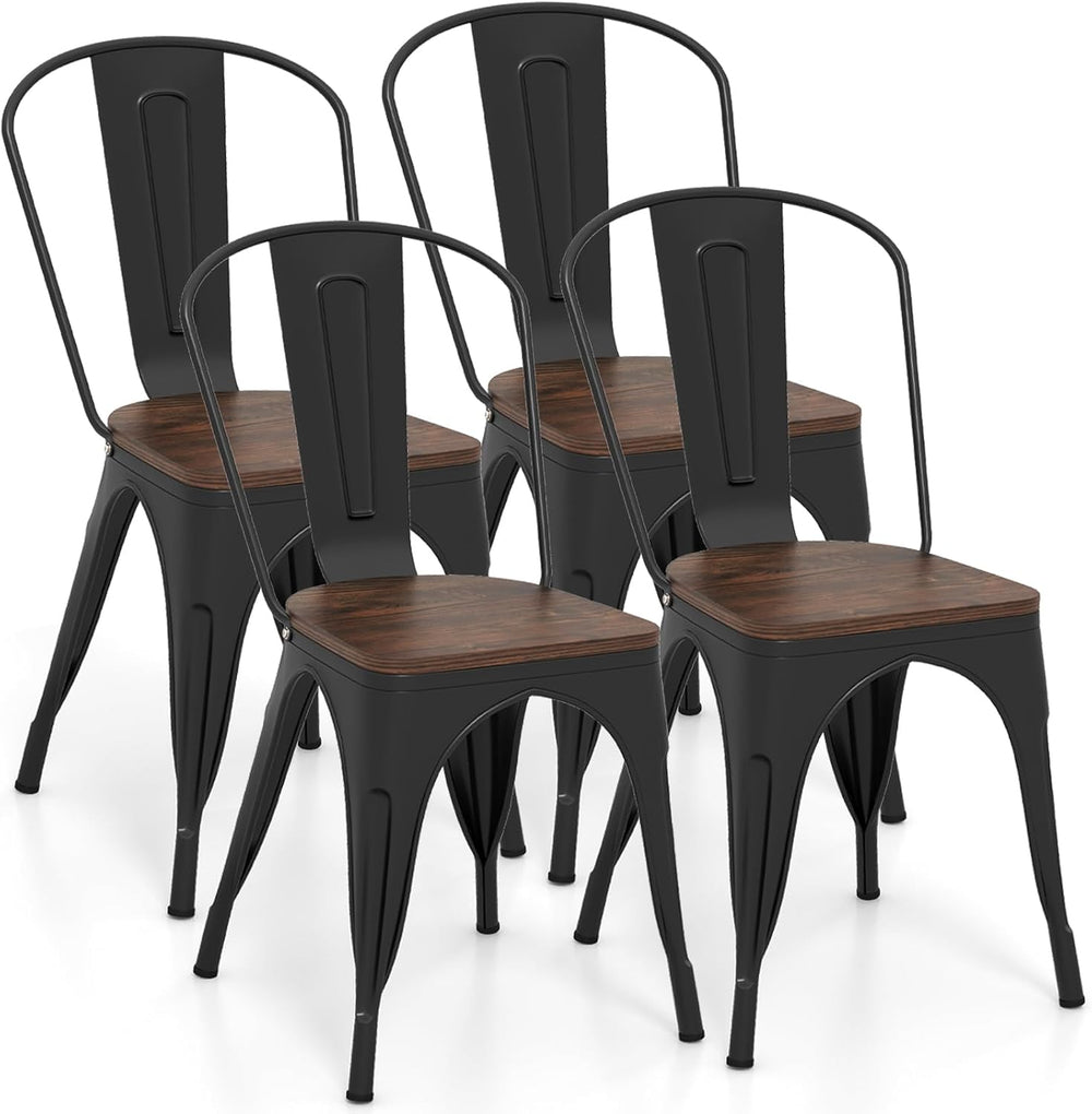 COSTWAY Stackable Metal Dining Chairs Set of 4 with Wood Seat and High Back |...