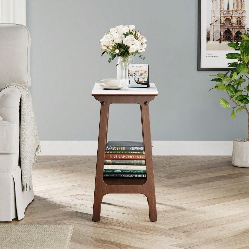 Retro Reddish Brown End Table, Narrow Side Table with Storage Shelf for Small...