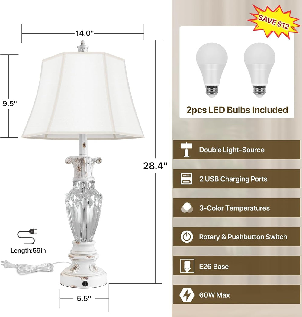 28.5" Table Lamps Set of 2 White Resin Glass Nightstand Lamp with USB Port
