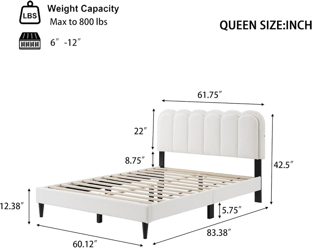 Peanu Queen Boucle Bed Frame, Petal Headboard, Ambient Light, White