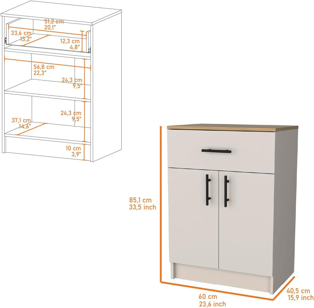 Cope Kitchen Pantry in Melamine with 2 Doors and 1 Drawer, Ivory/Natural Oak