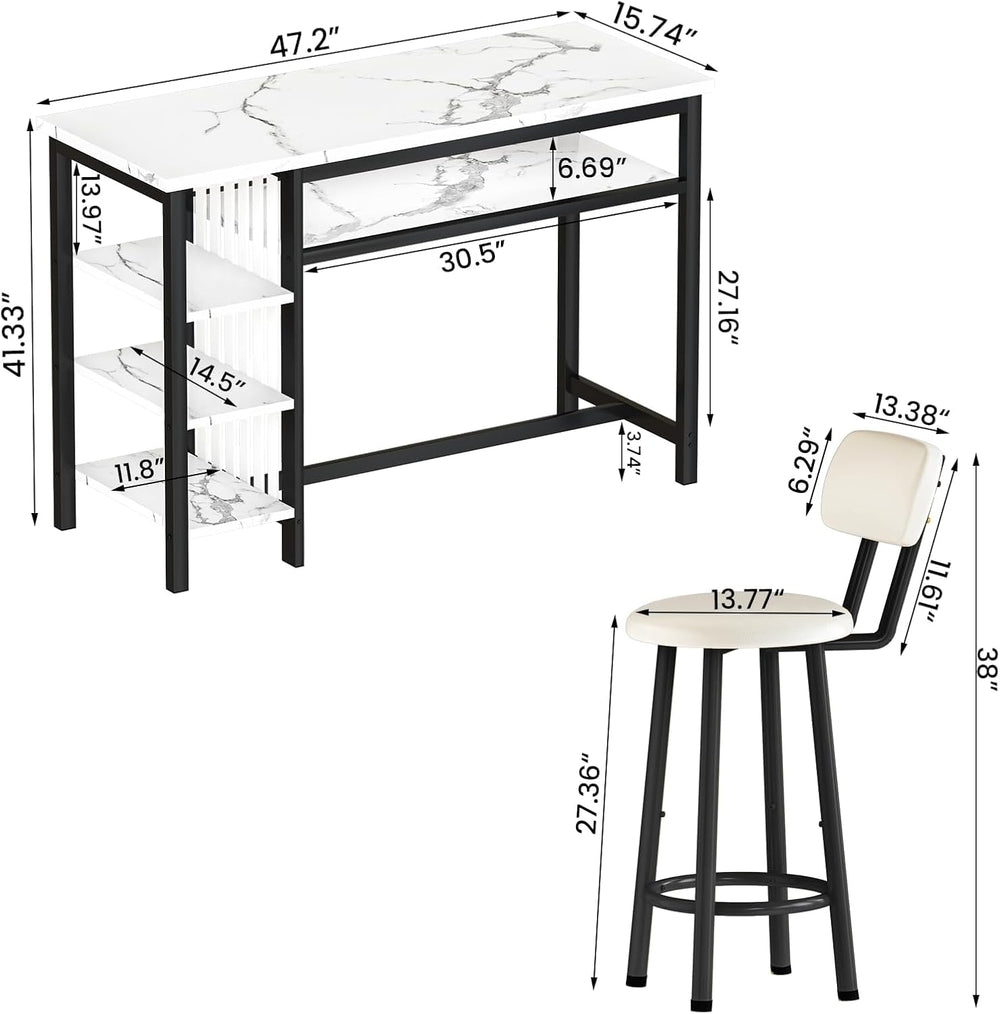 AWQM 3-Piece Bar Table and Chairs Set, Modern White Faux Marble Table with 2 ...